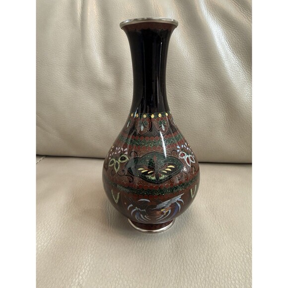 Japanese CLOISONNE Bud Vase Red Brown Gold Fleck Phoenix Bird Kyoto Butterfly - Picture 4 of 16